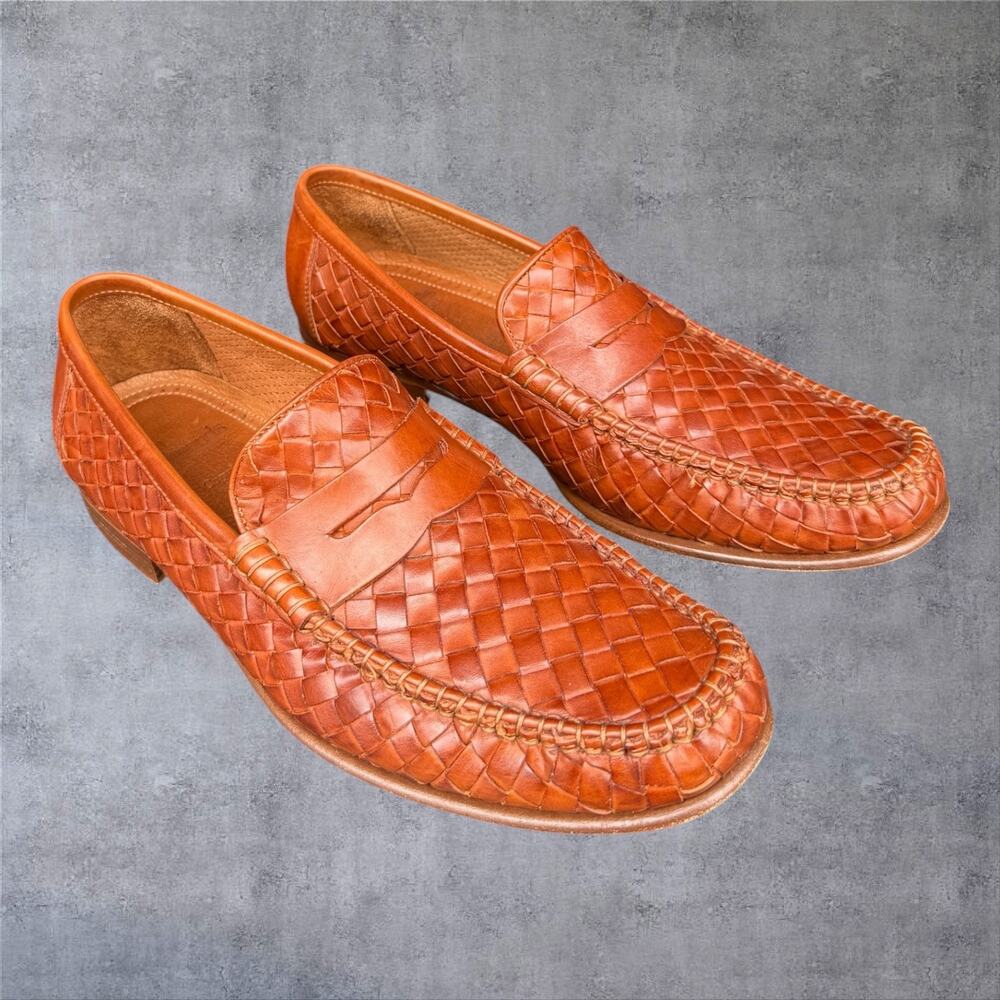 Allen Edmonds Capri Mens 9.5 D Woven Leather Penny Loafers Cognac Brown Italy